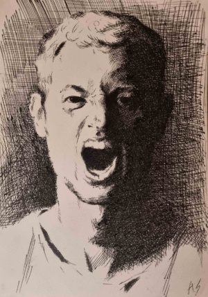Aslak Sæther, Self-portrait emoting, Pen on paper, 21 × 29.5 cm, 2024