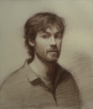 Cameron Marsh, Self-portrait with open mouth, Sepia, white chalk, and gouache on hand-toned arches paper, 43 x 48 cm, 2025
