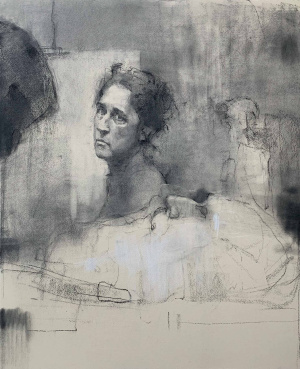 Carolyn Pyfrom, Self with Shelf, Charcoal on paper, 27 x 22 in. 2025