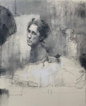 Carolyn Pyfrom, Self with Shelf, Charcoal on paper, 27 x 22 in. 2025