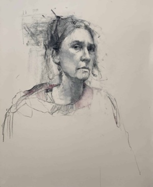 Carolyn Pyfrom, Self with purple sweatshirt, Charcoal and pastel on paper, 27 x 22 in. 2025