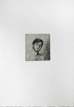 Daniel Zalla, Self Portrait with Shadow, Copper plate etching, 6 x 6.5 cm, 2025