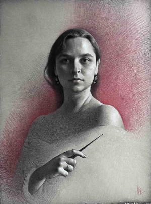 Dasha Belokrylova, Dasha, Charcoal, white chalk and red pencil on toned paper, 52 x 69 cm, 2025