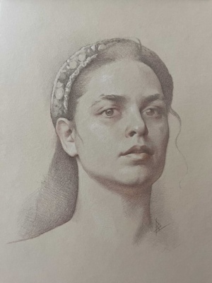 Dasha Belokrylova, Me at age 28, Sanguine, sepia and brown pencils on toned paper, 20 x 30 cm, 2023