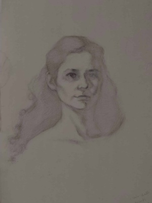 Emma Sellers, Self-portrait, Graphite and white chalk on hand toned paper, 25 x 25 cm, 2025