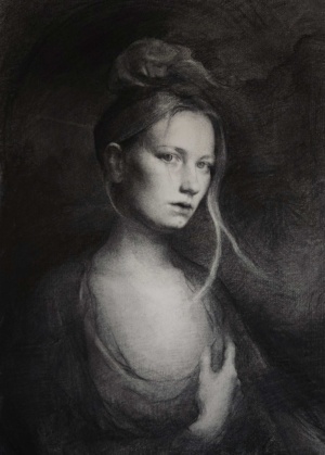 Eva Wientjes, Self Portrait at Age 30, Charcoal on Roma paper, 46 x 64 cm, 2025