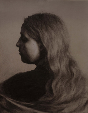 Gaia Yoel, Self-Portrait at 26, Looking Through Two Mirrors, Charcoal and chalk on toned paper, 34.5 x 27.5 cm, 2025