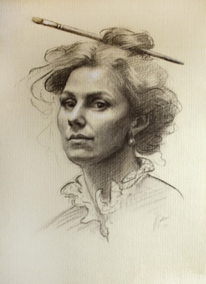 Hannah Sutton, Dressed As a Gibson Girl (Self Portrait), Charcoal on Paper, 24.5 x 33 cm, 2025