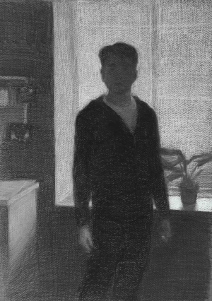 Jacky Chan, Self-portrait in studio, Charcoal and white chalk on toned paper, 45 x 30 cm, 2025