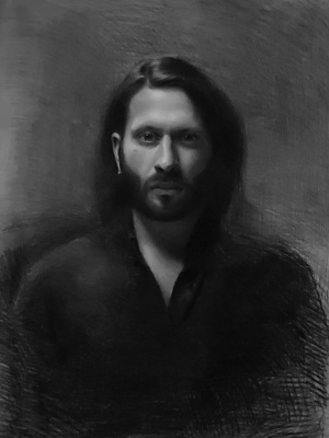 Joshua Cooper, Front Facing Self-Portrait, Charcoal and White chalk on paper, 20 x 30 in. 2023