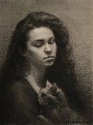 Katerina Christou, Little Guardian, Charcoal and white chalk on hand toned paper, 50 x 66 cm, 2025