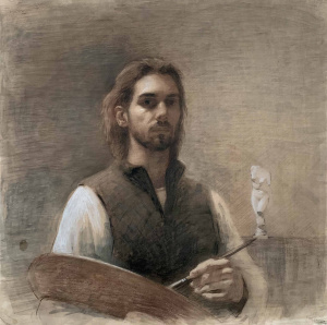 Labër Halimi, Selfportrait age 26, Sauce (Russian clay pastel) & white heightening (egg tempera), 50 x 52 cm, 2021