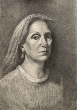 Lorraine Mocco, Self portrait, Graphite on paper, 14 x 22 in. 2025