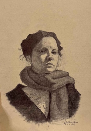 Madeleine Payne, Self-portrait at 27, Ink on paper, 18 x 26cm, 2025