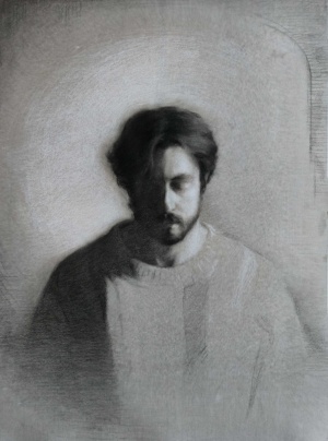 Matteo Persiani, In ascolto, Charcoal and white chalk on toned paper, 50 x 70 cm, 2025
