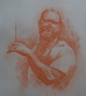 Mitch Shea, Self Portrait, Sanguine, 17” x 19”, 2024