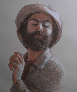 Nicholas Chaundy, The Show Must Go On, 38 x 48 cm, Charcoal, sanguine, graphite and white chalk, 2025