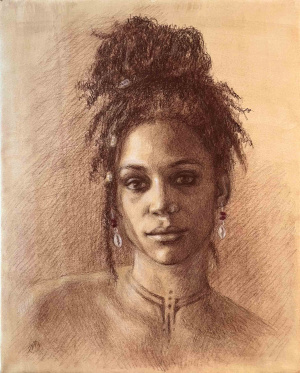 Nisa Brunner, Rasta, Sepia, cream-white chalk, yellow and red pastel on coffee toned arches paper, 40 x 50 cm, 2025