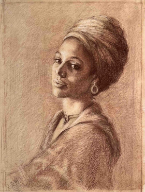 Nisa Brunner, Turban, Sepia, cream-white chalk and yellow on coffee toned arches paper, 45 x 60 cm, 2025