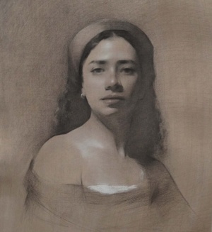 Ola Alaa El-Din, Self-portrait, Mixed media on hand toned paper, 45 x 50 cm, 2025