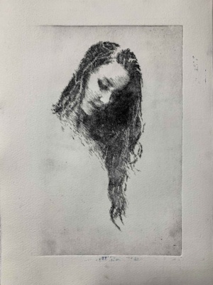 Omma Moonfalk, Self-Portrait Looking Down, Tin plate etching, Ink on paper, 20 x 30 cm, 2025