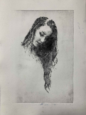 Omma Moonfalk, Self-Portrait Looking Down, Tin plate etching, Ink on paper, 20 x 30 cm, 2025