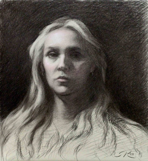 Saara Knapp, Self-Portrait at Thirty, Charcoal, chalk, and red pencil on hand-toned paper, 40 x 50 cm, 2025