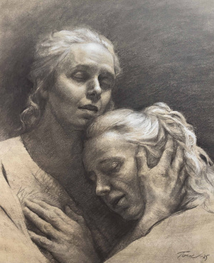 Sanna Tomac, Self portrait holding myself, Charcoal and chalk on toned paper, 51 x 44 cm, 2025