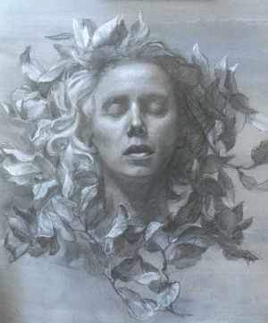 Sanna Tomac, Self portrait with leaves, Charcoal and chalk on toned paper, 51 x 38 cm, 2021