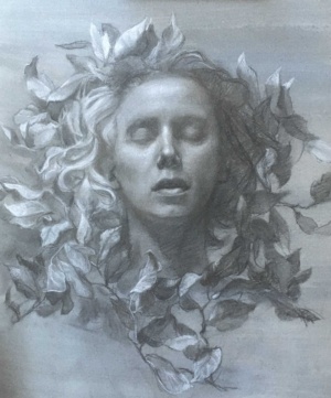 Sanna Tomac, Self portrait with leaves, Charcoal and chalk on toned paper, 51 x 38 cm, 2021