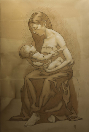 Sarah Margaret, Gibson, Motherhood, Act One Preparatory Drawing, Charcoal, white and black chalks, graphite and ink on hand-toned paper, 76 x 116 cm, 2023