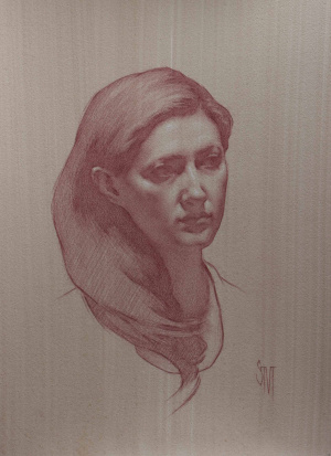 Sarah Margaret, Gibson, Self Portrait at 36’, Red and white chalks on hand-toned paper, 25 x 35 cm, 2025