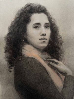 Tanvi Pathare, Self portrait at 37, Mixed media on hand toned Arches paper, 58 x 43 cm, 2025