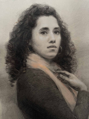 Tanvi Pathare, Self portrait at 37, Mixed media on hand toned Arches paper, 58 x 43 cm, 2025