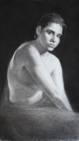 Tatiana Popova, Vulnerability, Charcoal & Sause on Arches paper, 80 x 45 cm, 2025