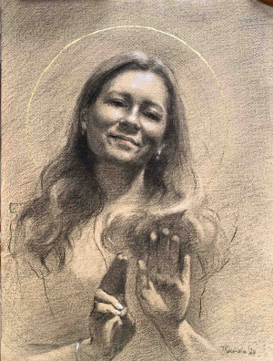 Tatyana Kulida, We are Divine Beings, Charcoal, chalk and good leaf on hand toned paper, 30x40 cm, 2024