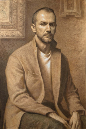 Vitaliy Shtanko, Self portrait, 50 x 75 cm, Brown and black sauce on toned paper, 2025