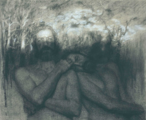 Zacheriah Kramer, Winter Light (double self-portrait), Charcoal heightened with bone-ash white on paper, 46 x 58 cm, 2025