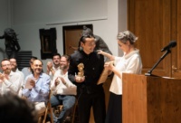 Sculpture Student Li Alexander Weng recieves the Golden Pelvis Award for Best Ecorché from Anatomy Director, Maudie Brady Sculpture Student Li Alexander Weng recieves the Golden Pelvis Award for Best Ecorché from Anatomy Director, Maudie Brady