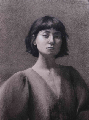 Debora Waltl, Foundation in Graphic Arts, Self-portrait in charcoal and white chalk