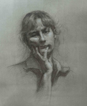 Graduate in Residence 2024-25<br>"Smile!", Sepia and white chalk on hand-toned paper, 40 x 50 cm