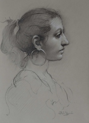 Graduate in Residence 2019-20<br>"Noemi", Graphite and white chalk on toned paper, 7 x 10 in.