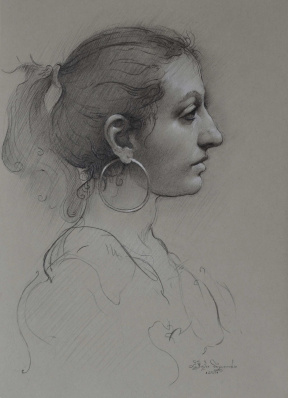Graduate in Residence 2019-20<br>"Noemi", Graphite and white chalk on toned paper, 7 x 10 in.
